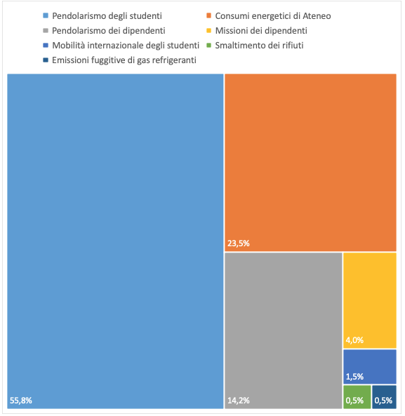 Ripartizione percentuale delle emissioni di gas serra dell'Università di Padova - anno 2019
