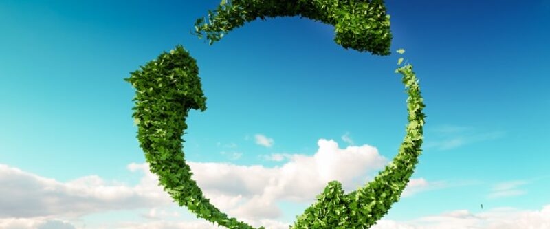 Sustainable development, eco friendly lifestyle concept. 3d rendering of arrow circle icon on fresh spring meadow with blue sky in background.