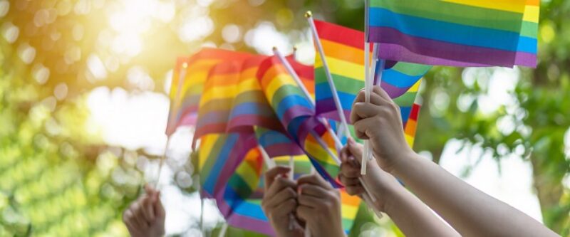 LGBT pride or LGBTQ+ gay pride with rainbow flag for lesbian, ga