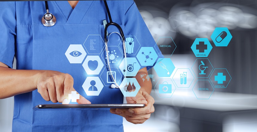 Medicine doctor hand working with modern computer interface as m Medicine doctor hand working with modern computer interface as m