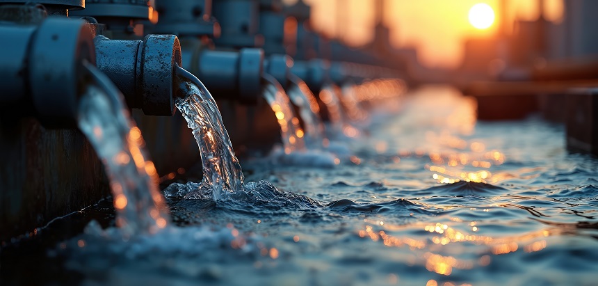Industrial pipes transport water at sunset, modern engineering, water supply infrastructure. Flowing liquid creates ripples in water. Blue, orange hues dominate scene, technology, nature connection.