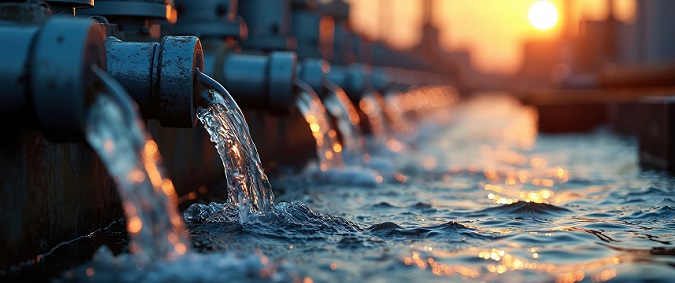 Industrial pipes transport water at sunset, modern engineering, water supply infrastructure. Flowing liquid creates ripples in water. Blue, orange hues dominate scene, technology, nature connection.
